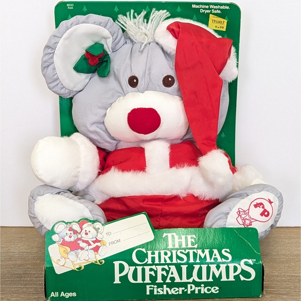 Vtg NEW 1988 Fisher Price Puffalumps Plush Gray Christmas Santa Mouse #8029